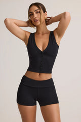 Modal Ribbed Button-Up Vest Top in Black