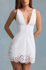 Cutwork Cotton-Poplin A-Line Mini Dress in White