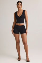 Modal Ribbed Mid-Rise Foldover Shorts in Black