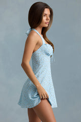 Halterneck A-Line Mini Dress in Blue Flower Print