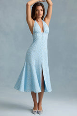 Halterneck Midaxi Dress in Blue Flower Print