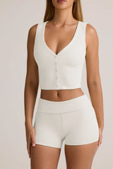 Modal Ribbed Button-Up Vest Top in White