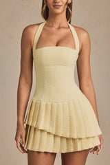 Asymmetric Layered Halterneck Mini Dress in Pastel Yellow