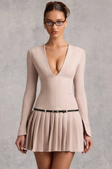 Long-Sleeve Pleated Mini Dress in Mushroom