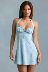 Halterneck A-Line Mini Dress in Blue Flower Print