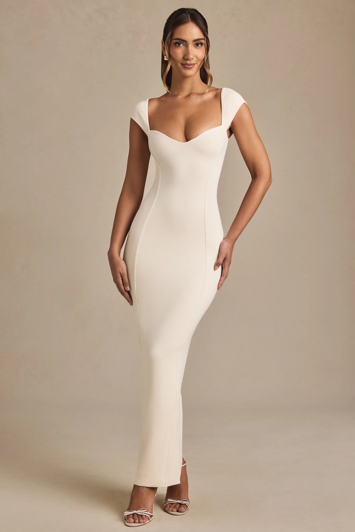 Modal Sweetheart-Neck Cap-Sleeve Midaxi Dress in Ivory