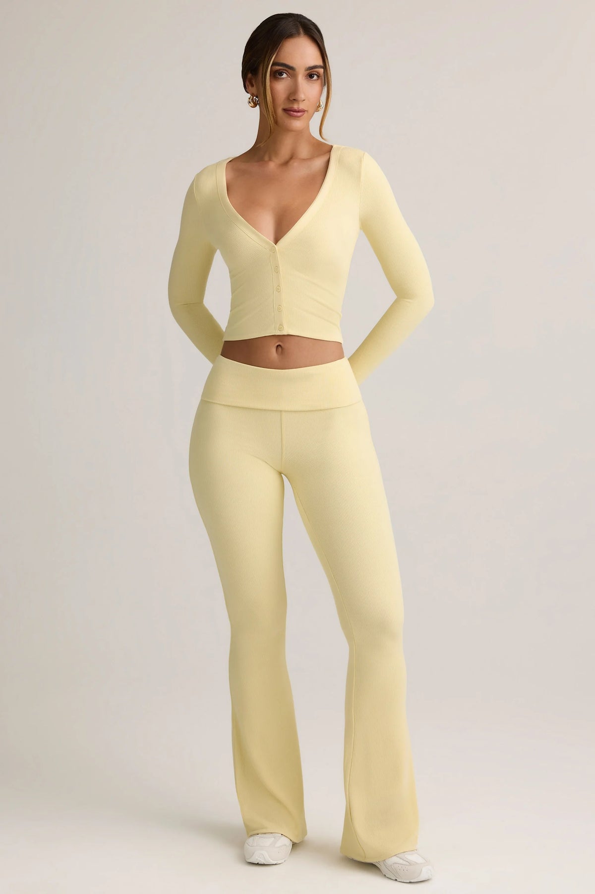 Modal Ribbed Foldover Flared Trousers in Buttercream Yellow