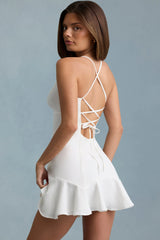 Drop-Waist Lace-Up Mini Dress in White