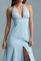 Halterneck Midaxi Dress in Blue Flower Print