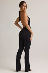 Modal Ribbed Backless Halterneck Jumpsuit in Black