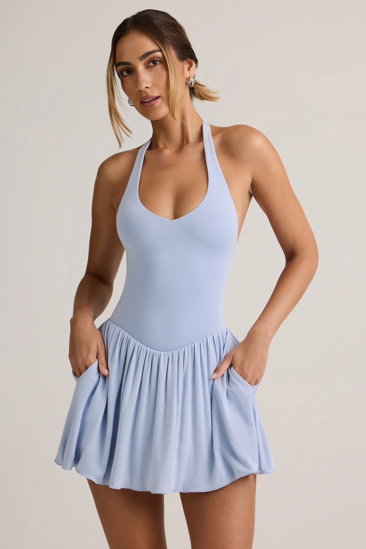 Modal Backless Halterneck Mini Dress in Light Blue