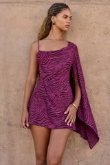 Devoré One-Sleeve A-Line Mini Dress in Berry Purple