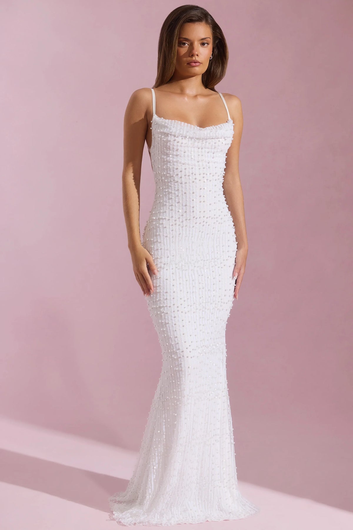 Embellished Cowl-Neck Backless Maxi Dress in White