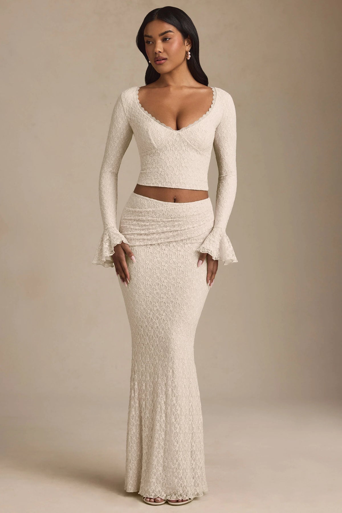 Draped Low-Rise Lace Maxi Skirt in Ivory
