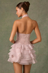 Embellished Ruffled Halterneck Mini Dress in Dusty Rose