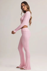 Modal Foldover Mid-Rise Flared Trousers in Pastel Pink