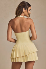 Asymmetric Layered Halterneck Mini Dress in Pastel Yellow