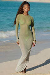 Sheer Open-Back Maxi Dress in Olive Green