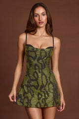 Embellished Cowl Neck A-line Mini Dress in Green Snake