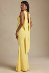 Scarf-Detail Strapless Gown in Pastel Yellow