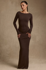 Modal Ruched Backless Maxi Dress in Chocolate Brown