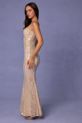 Embellished Square Neck Lace Gown in Pale Peach