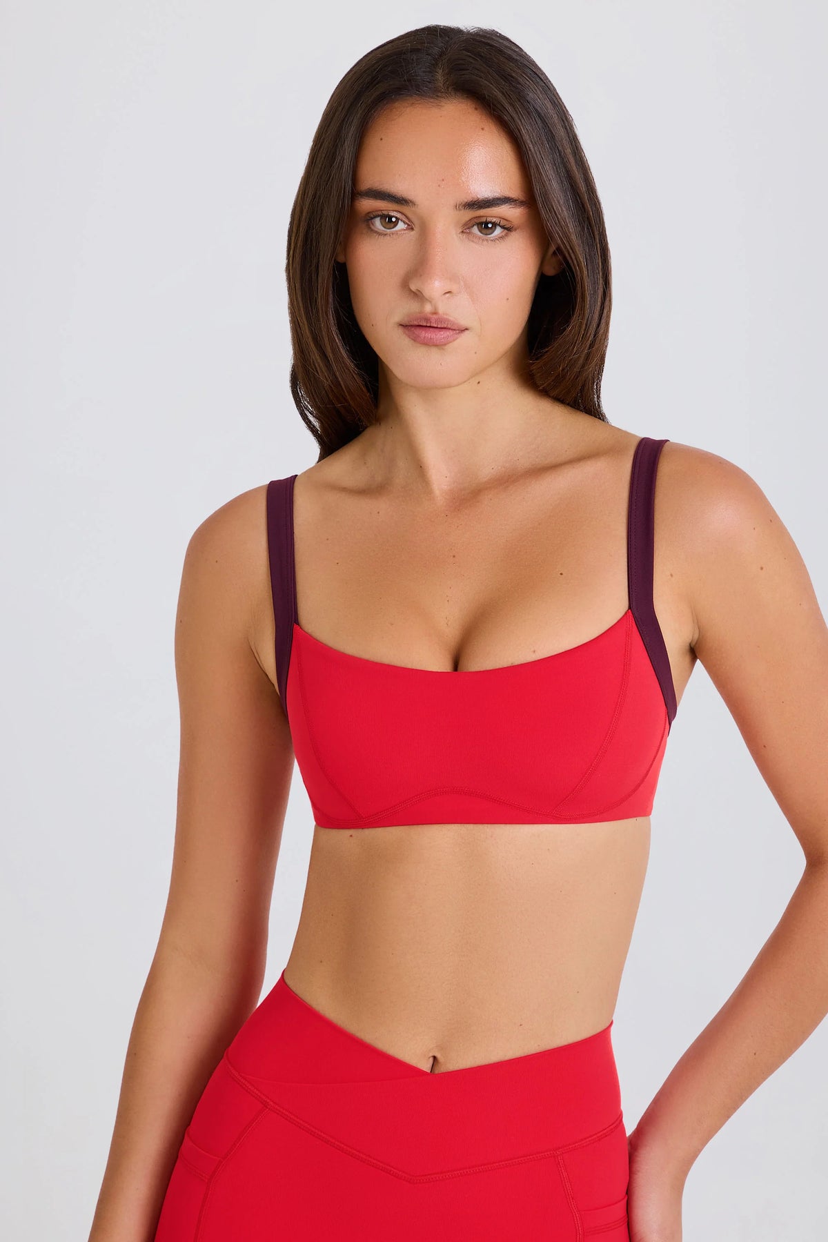 Soft Active Contrast-Trim Sports Bra in Strawberry Red