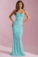 Embellished Cowl-Neck Backless Maxi Dress in Aqua Blue