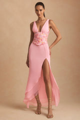 Embellished Plunge Ruffled Corset Maxi Dress in Pink