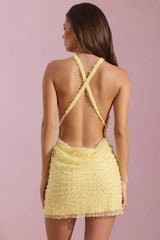 Embellished Cowl-Neck Backless Mini Dress in Yellow