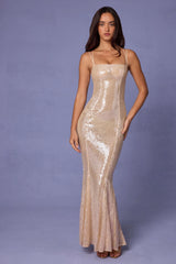 Embellished Square Neck Lace Gown in Pale Peach