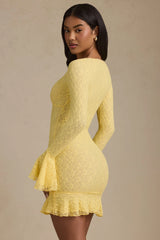 Long-Sleeve Ruffled Lace Mini Dress in Pastel Yellow