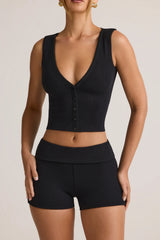 Modal Ribbed Button-Up Vest Top in Black