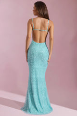 Embellished Cowl-Neck Backless Maxi Dress in Aqua Blue