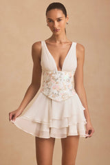 Embellished Ruffled Corset Mini Dress in Ivory