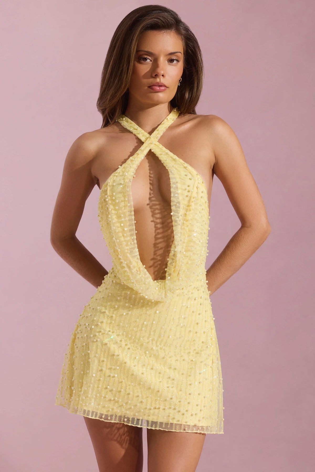 Embellished Cowl-Neck Backless Mini Dress in Yellow