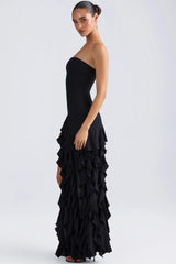 Ruffle-Trim Strapless Gown in Black