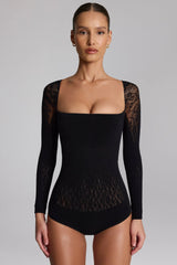 Cap-Sleeve Seamless Knit Bodysuit in Black