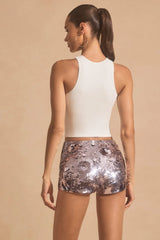 Sequin-Embellished Mini Shorts in Silver
