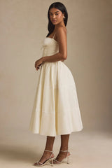 Lace-Trim Pintucked Poplin Midaxi Dress in Ivory