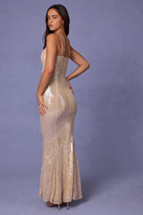 Embellished Square Neck Lace Gown in Pale Peach
