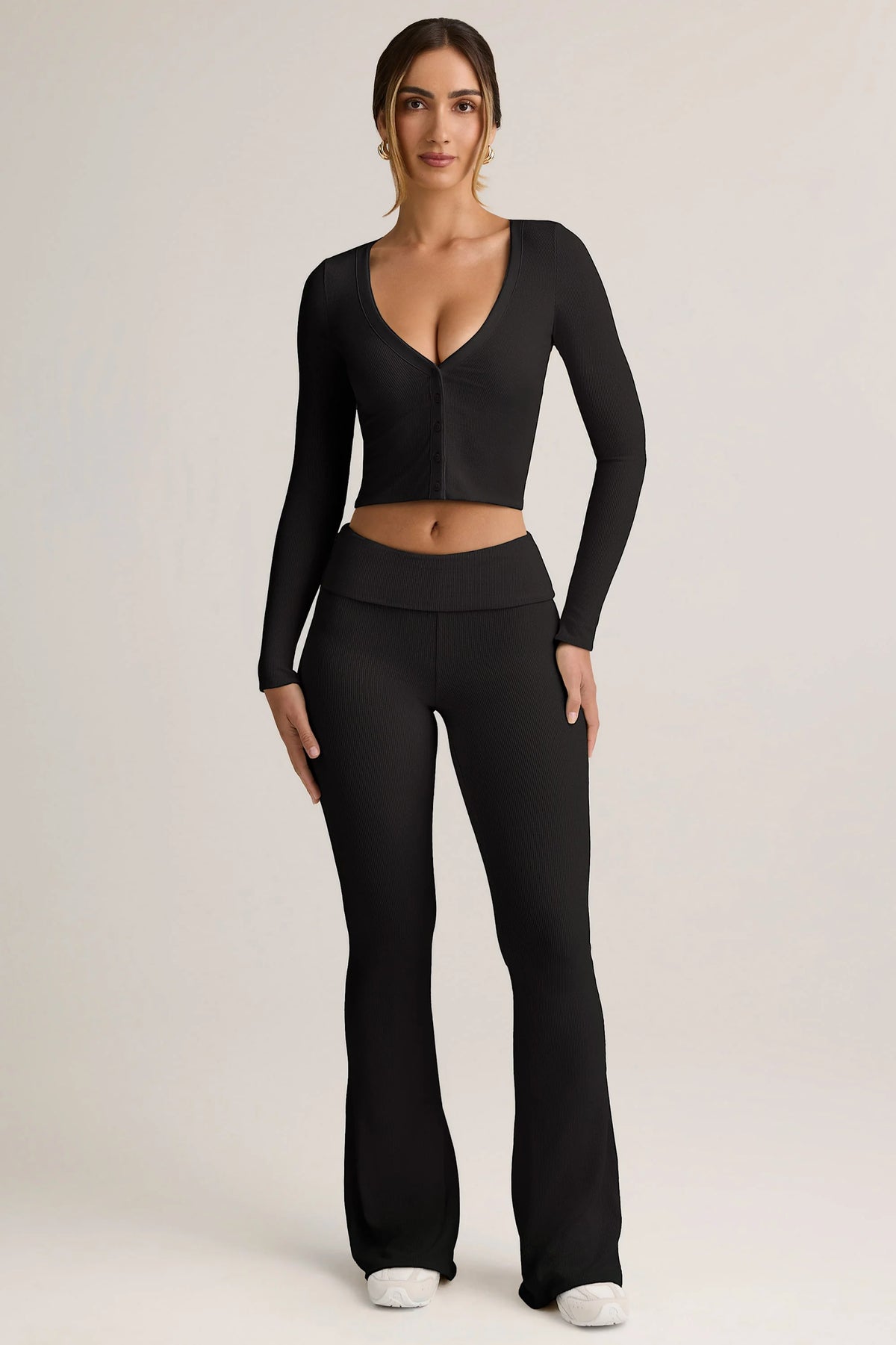 Modal Ribbed Foldover Flared Trousers in Black