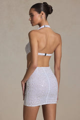 Embellished Cut-Out Halterneck Mini Dress in White