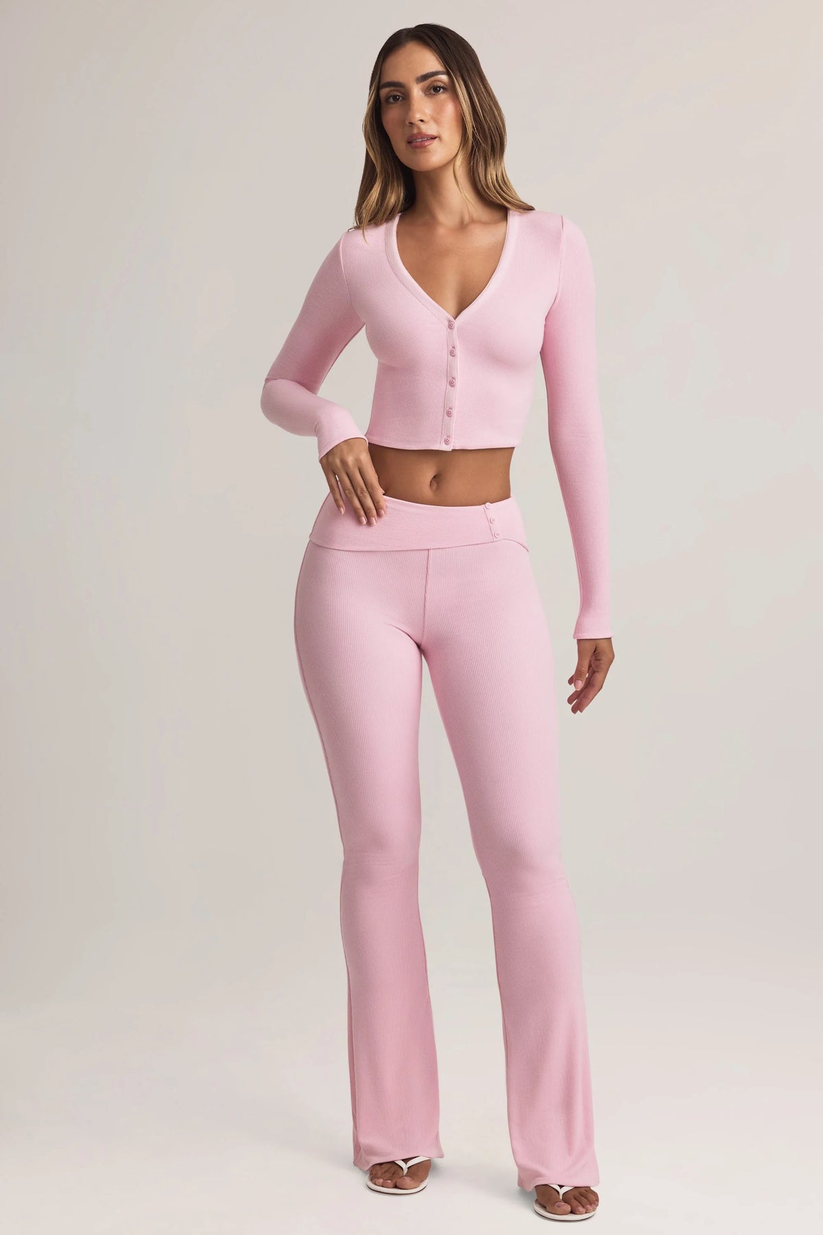 Modal Foldover Mid-Rise Flared Trousers in Pastel Pink