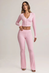 Modal Foldover Mid-Rise Flared Trousers in Pastel Pink