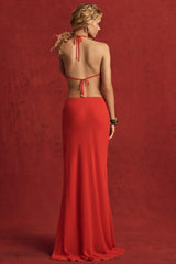 Mid-Rise Split Maxi Skirt in Chilli Red