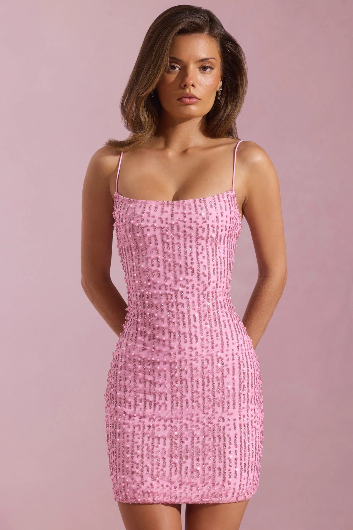 Embellished Scoop-Neck Bodycon Mini Dress in Pink