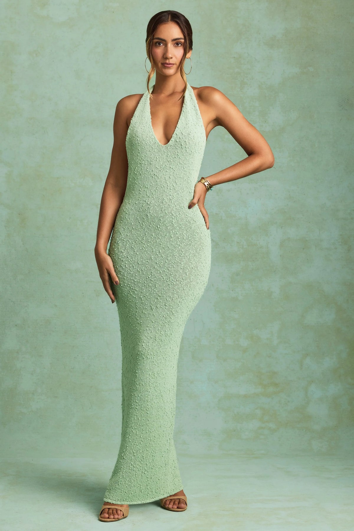 Bouclé Halterneck Maxi Dress in Mint
