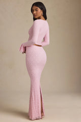 Draped Low-Rise Lace Maxi Skirt in Soft Pink