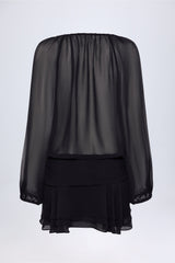 Lace-Up Balloon-Sleeve Mini Dress in Black